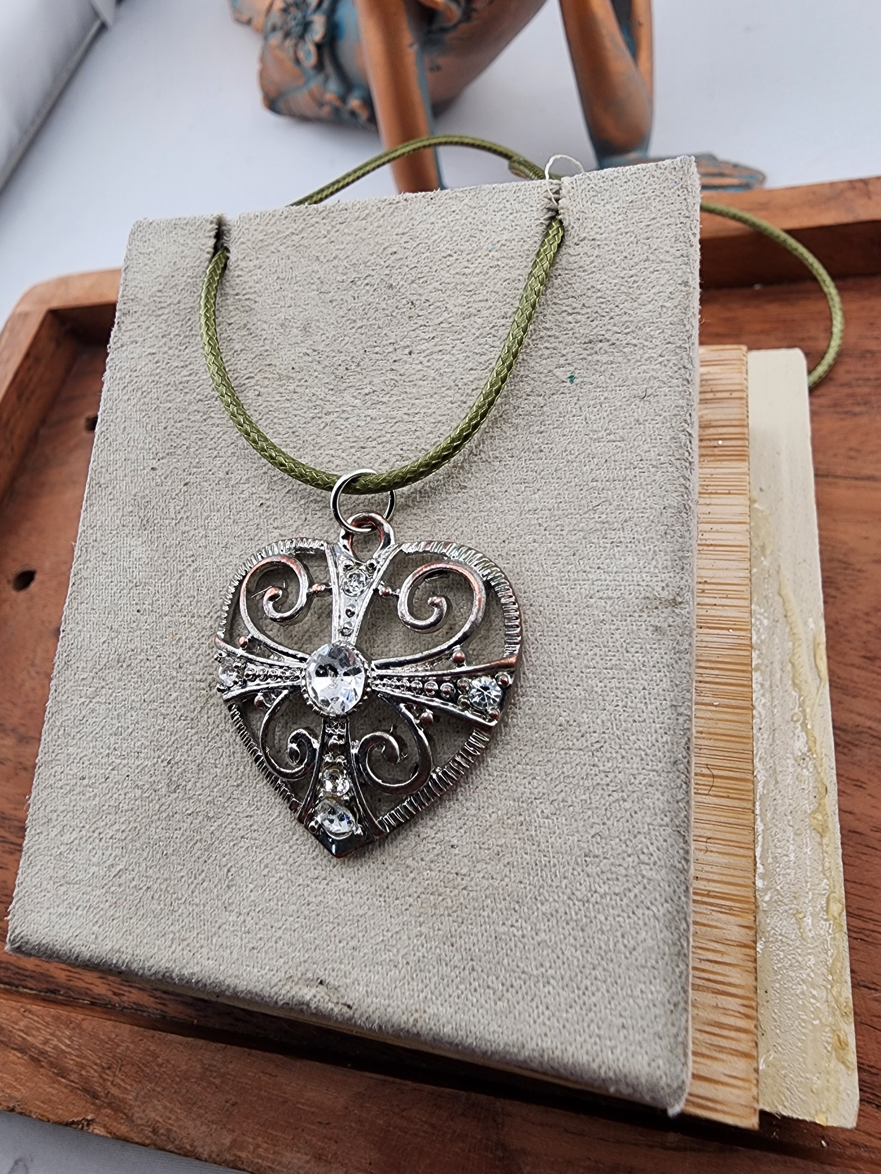 Silver Heart Pendant Necklace With Olive Green Cord